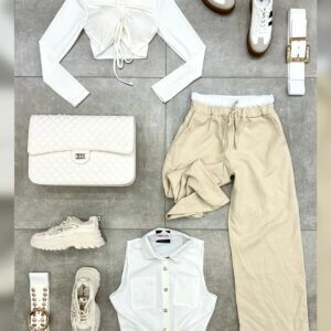 Pantalone bicolors laccio beige